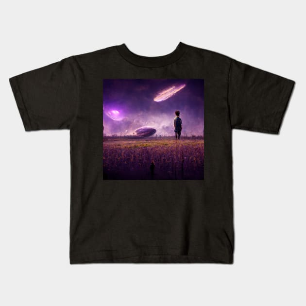 boy standing in apocalyptic field Kids T-Shirt by mehdime